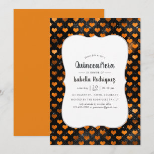 Schwarzes und oranges Herz-Muster Quinceañera Einladung
