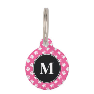 Schwarzes und rosa Monogramm-Hundepfoten-Muster Tiernamensmarke