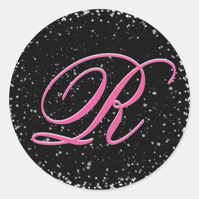 Schwarzes und rosa Monogramm mit Sternen Runder Aufkleber (Vorderseite)