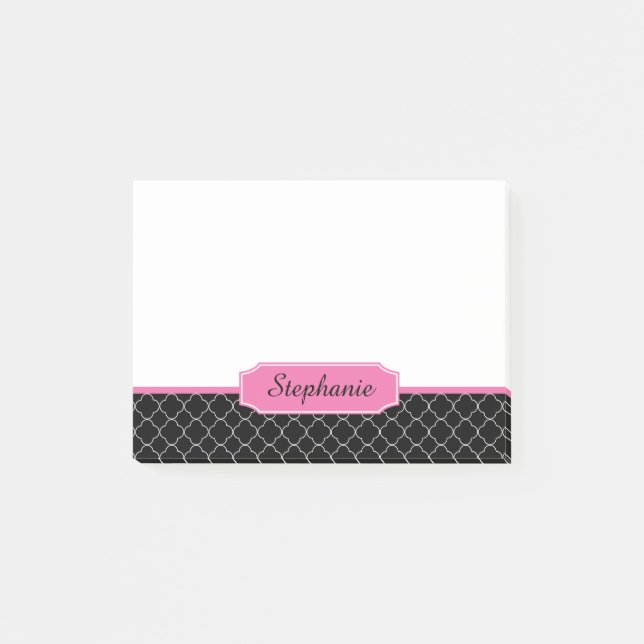 Schwarzes und rosa Quatrefoil Monogramm Post-it Klebezettel (Vorderseite)