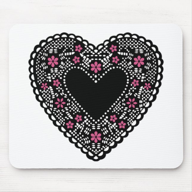 Schwarzes und rosa Spitzenherz Mousepad (Vorne)