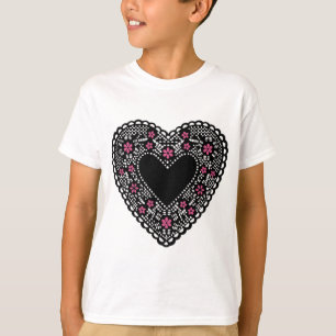 Schwarzes und rosa Spitzenherz T-Shirt