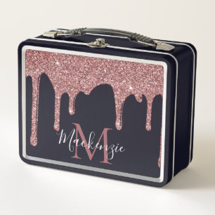Schwarzes und Roségold tropfendes Glitter-Monogram Metall Brotdose