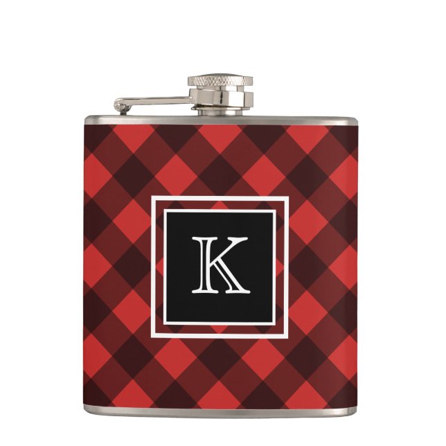 Schwarzes und rotes Büffel-Karo-Monogramm individu Flachmann (Vorderseite)