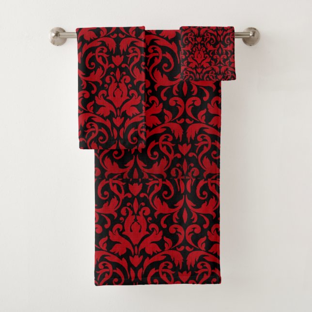 SCHWARZES UND ROTES GRAFISCHES DESIGN BADHANDTUCH SET (Insitu)