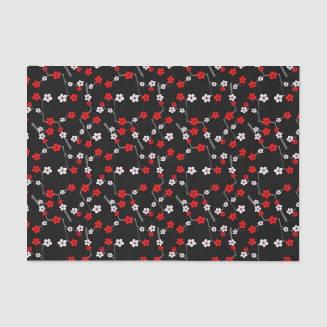 Schwarzes und rotes Kirschblüten-Muster Seidenpapier (Vorderseite)