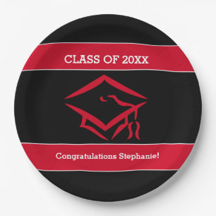 Schwarzes und rotes Mortarboard-Abschluss-Party Pappteller