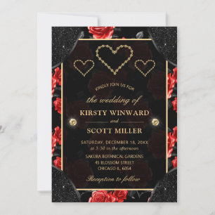 Schwarzes und rotes Rosenmuster und goldene Diaman Einladung