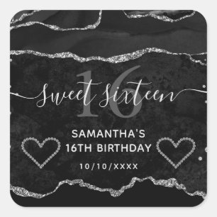 Schwarzes und silbernes Glitter-Achat-Marmor Sweet Quadratischer Aufkleber