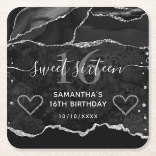 Schwarzes und silbernes Glitter-Achat-Marmor-Sweet Rechteckiger Pappuntersetzer