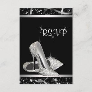 Schwarzes und silbernes Glitzer-hohe Fersen-Schuh RSVP Karte