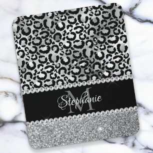 Schwarzes und silbernes Leopard Girly Glam Monogra Mousepad