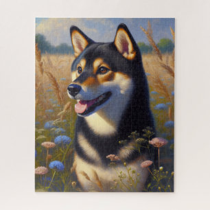 Schwarzes und Tan Shiba Inu Wildblume Feld