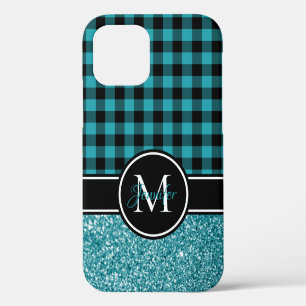 Schwarzes und Türkis Glitter Buffalo Karo Monogram iPhone 12 Hülle