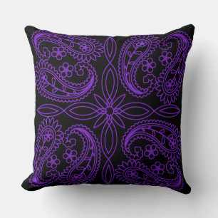 Schwarzes und violettes Blumen-Paisley-Muster-Wurf Kissen