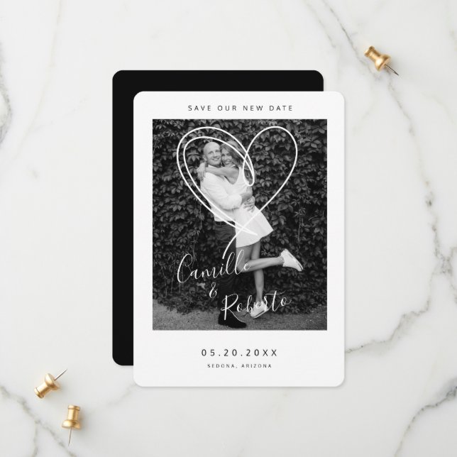 Schwarzes und Weiß Herz Rettete unser neues Datum  Save The Date (Vorderseite/Rückseite Beispiel)