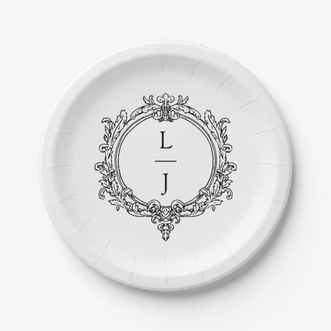 schwarzes und weißes Blattwerk Wappen Hochzeit Pappteller (Vorderseite)