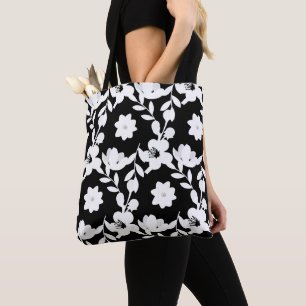 schwarzes und weißes Blumenmuster mit Perlen Tasche