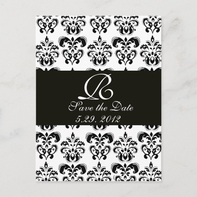 SCHWARZES UND WEISSES DAMASK-MONOGRAMM ANKÜNDIGUNGSPOSTKARTE (Vorderseite)