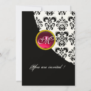 SCHWARZES UND WEISSES DAMASK-MONOGRAMM, rote Rubin Einladung