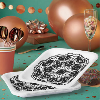 Schwarzes und weißes florales Mandala-Quadrat Pappteller