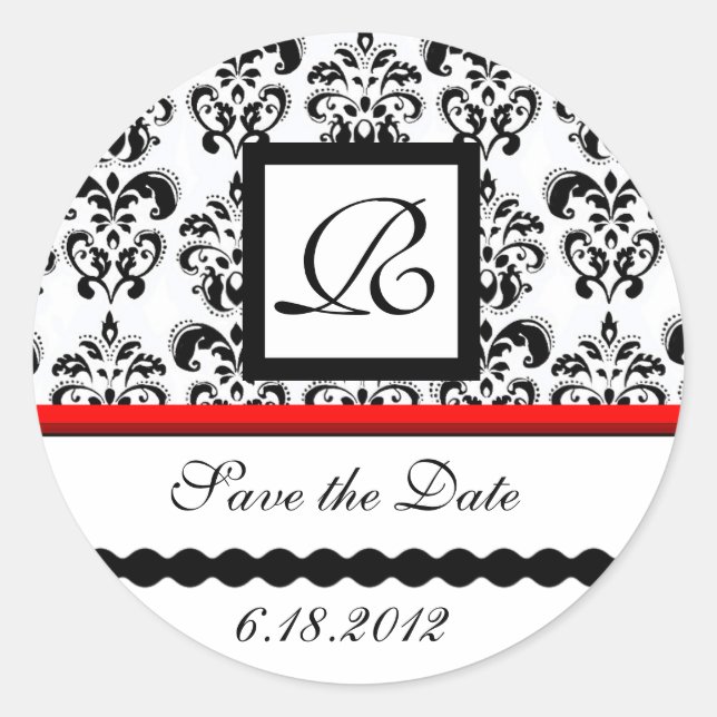 SCHWARZES UND WEISSES ROTES DAMASK-MONOGRAMM, Save Runder Aufkleber (Vorderseite)