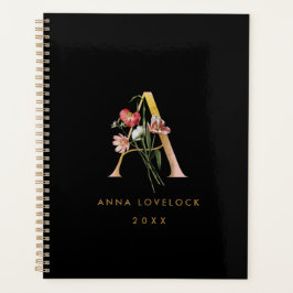 Schwarzes Vintages Bläschen und Goldmonogramm Buch Planer