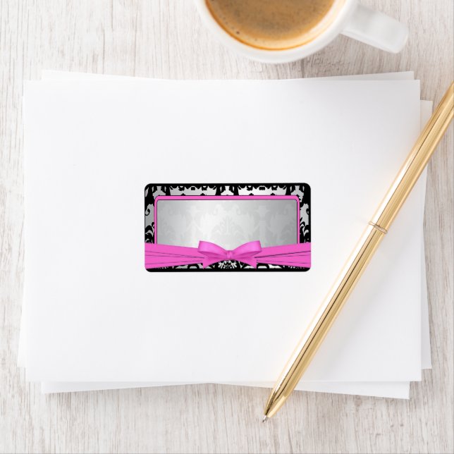 Schwarzes Vintages Damaskotel, rosa und silberfarb Adressaufkleber (Insitu)