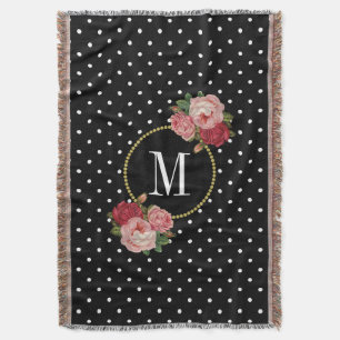 Schwarzes Vintages Floral-Polka-Monogramm Decke