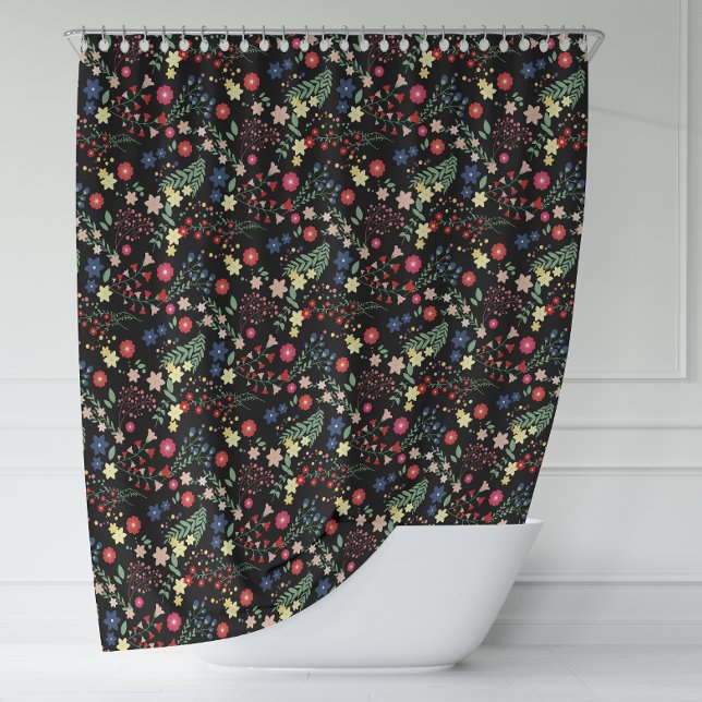 Schwarzes Vintages Wildblume-Muster Duschvorhang (Black Simple Vintage Wildflower Pattern Shower Curtain)