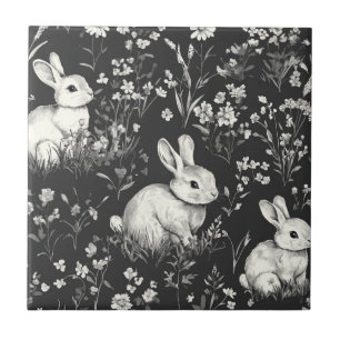 Schwarzes Waldkaninchen-Botanikmuster Fliese