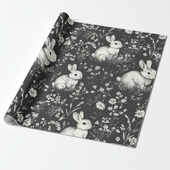 Schwarzes Waldkaninchen-Botanikmuster Geschenkpapier (Ungerollt)