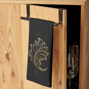 Schwarzes Waschtuch mit elegantem goldenen Barockm Geschirrtuch
