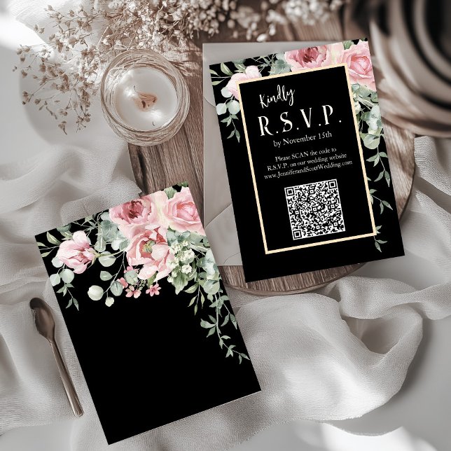 Schwarzes Wasser Rosa Blumenzehen RSVP Karte (Black Pink and Gold Floral Boho Wedding RSVP)