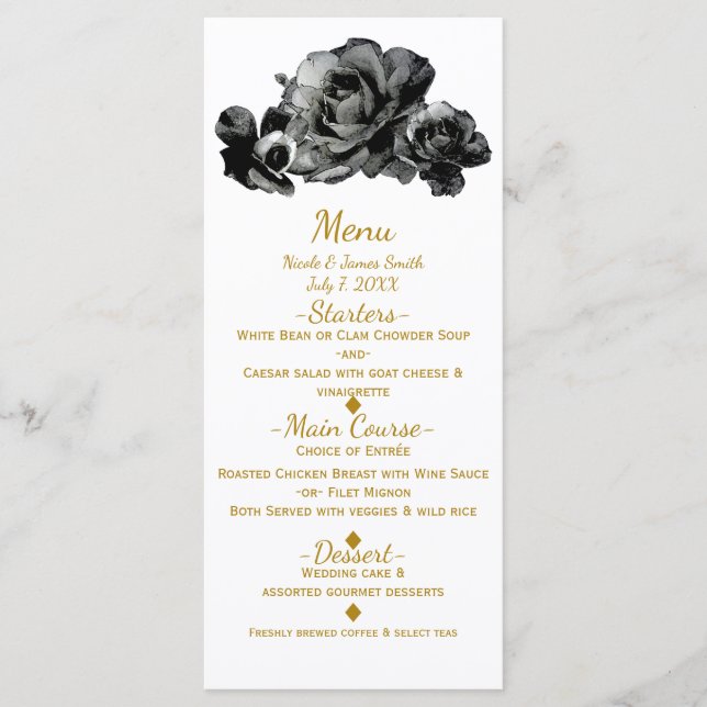 Schwarzes Wasser Rose Elegantes Hochzeitmenü Menükarte (Vorderseite)