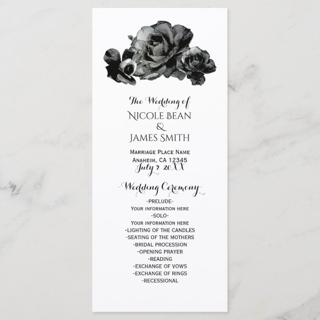Schwarzes Wasser Rose Elegantes Hochzeitsprogramm Programm (Vorderseite)