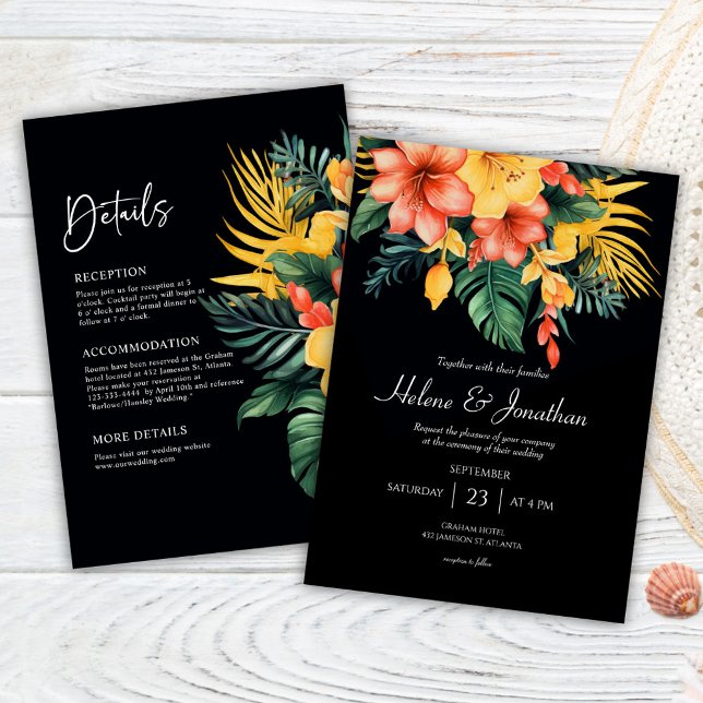 Schwarzes Wasser tropisch, alles in einer Hochzeit Einladung (Black Watercolor Tropical All In One Wedding Invitation)