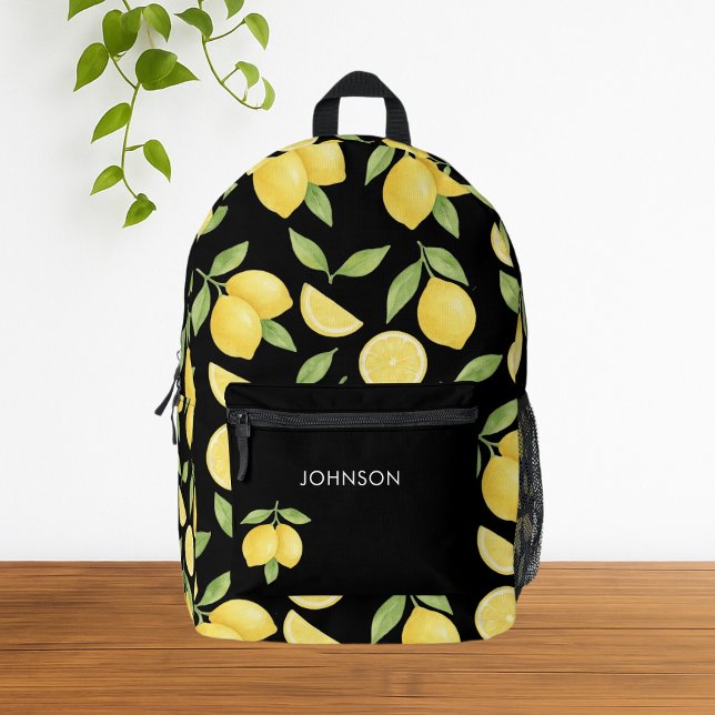 Schwarzes Wasserfarbenmuster Bedruckter Rucksack (Cute Yellow Watercolor Lemon  Pattern Black Backpack)