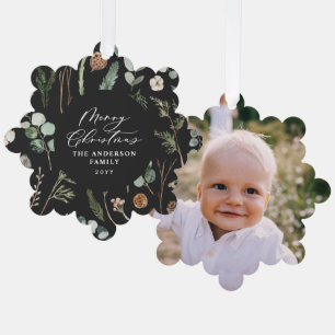 Schwarzes weihnachtliches botanisches Foto Ornament Karte