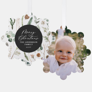 Schwarzes Weihnachtsminimales botanisches Foto Ornament Karte