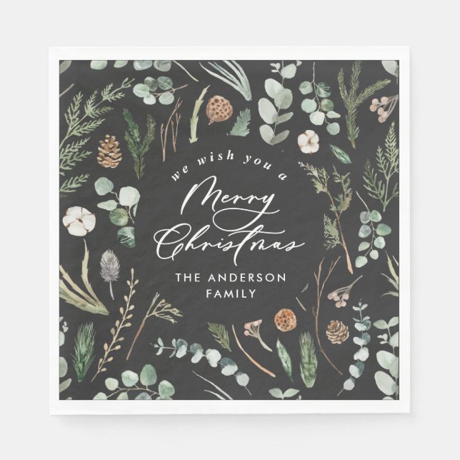 Schwarzes Weihnachtsminimalistisches botanisches F Serviette (Vorderseite)