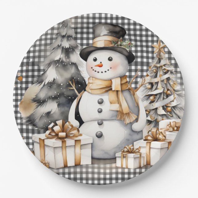 Schwarzes Weihnachtsschneedesign Pappteller (Vorderseite)