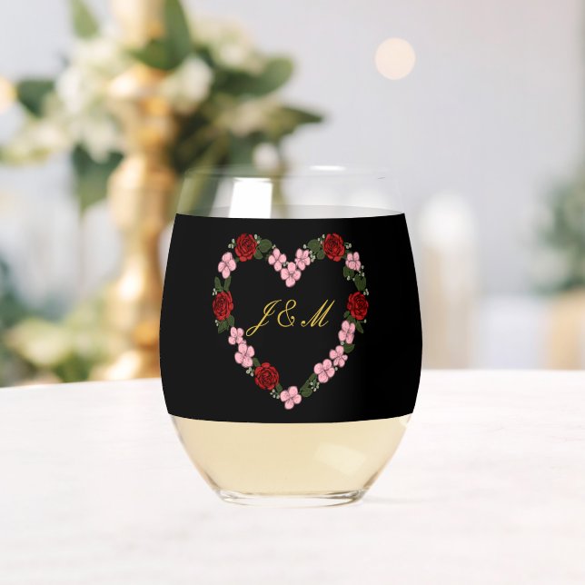 Schwarzes Weinglas mit rosa und roten Herzen Ohne Stiel (Insitu (Hochzeit))