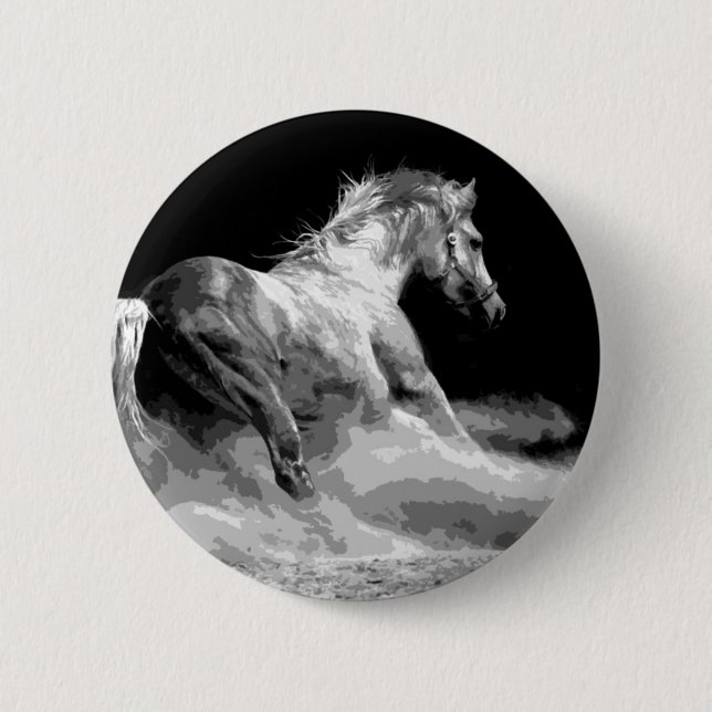 Schwarzes & Weiß Pferd in Aktion Button (Vorderseite)