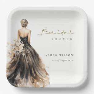 Schwarzes Weiß Wasserfarbe Hochzeitskleid Brautpar Pappteller