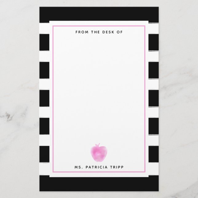 Schwarzes + Weißer Streifen-Rosa-Apple-Lehrer Briefpapier (Vorderseite)