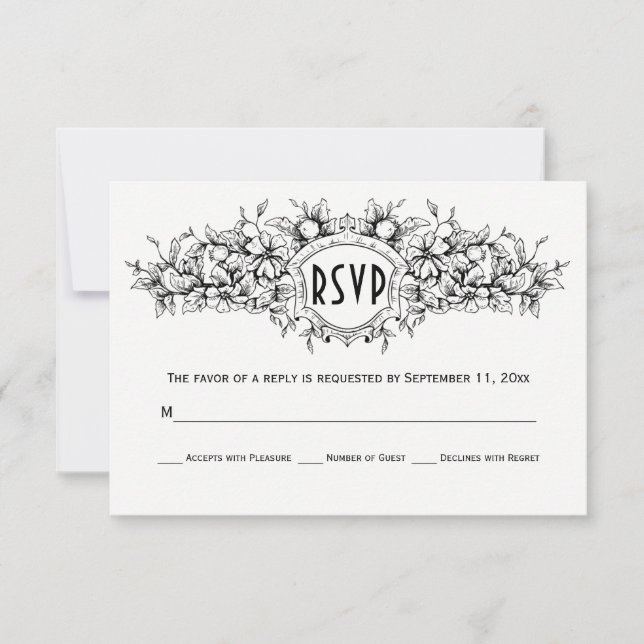 Schwarzes, weißes, blumengeschmücktes Wappen Hochz RSVP Karte (Vorderseite)