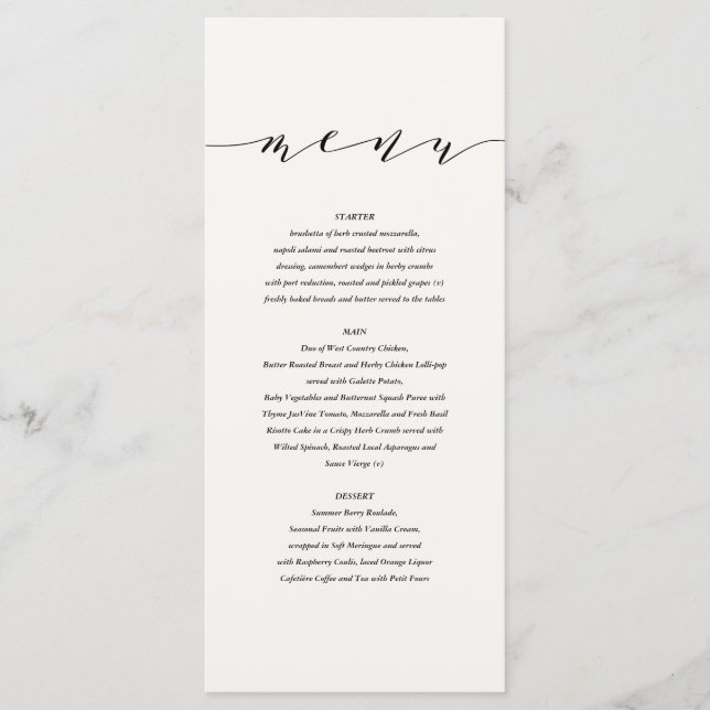 Schwarzes + weißes elegantes Hochzeitsmenü Menükarte (Vorderseite)