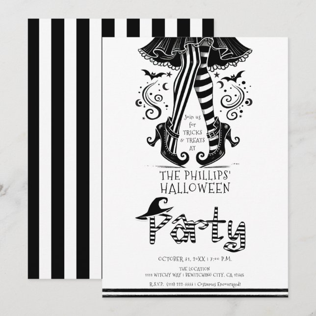 Schwarzes & Weißes Halloween-Party Einladung (Vorne/Hinten)