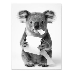 Schwarzes Weißes Liebenswertes Koala Hält Toilette Fotodruck